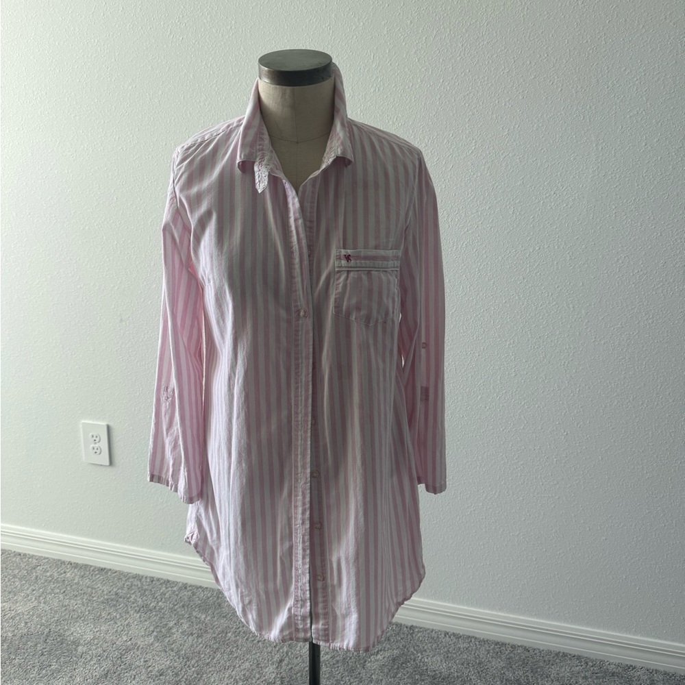 Victoria’s Secret Sleep Shirt- button up- pink and white strip- size Medium